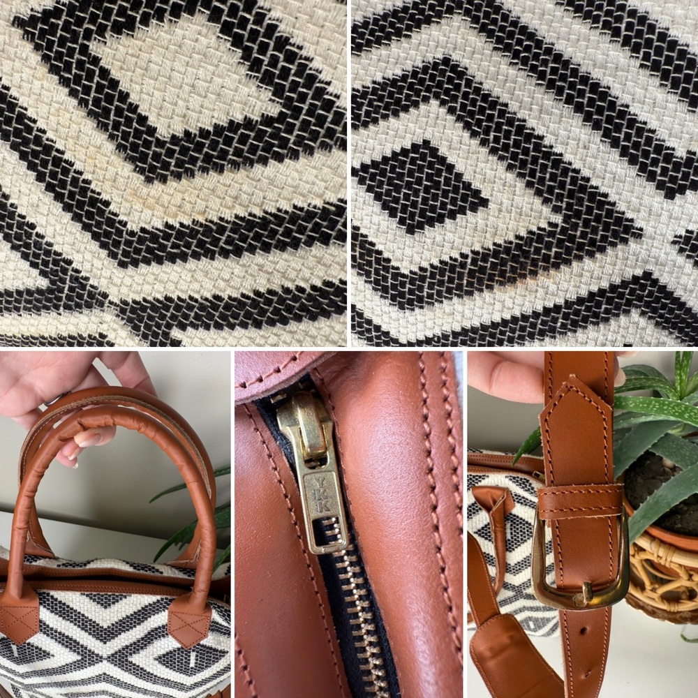 Rachel Zoe × Tribe Alive Geometric Woven Tote Bag Black White Tan Leather Straps - Picture 8 of 16